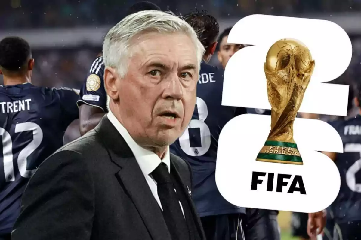 Entrenador de fútbol con fondo de jugadores y el trofeo de la Copa Mundial de la FIFA 2026