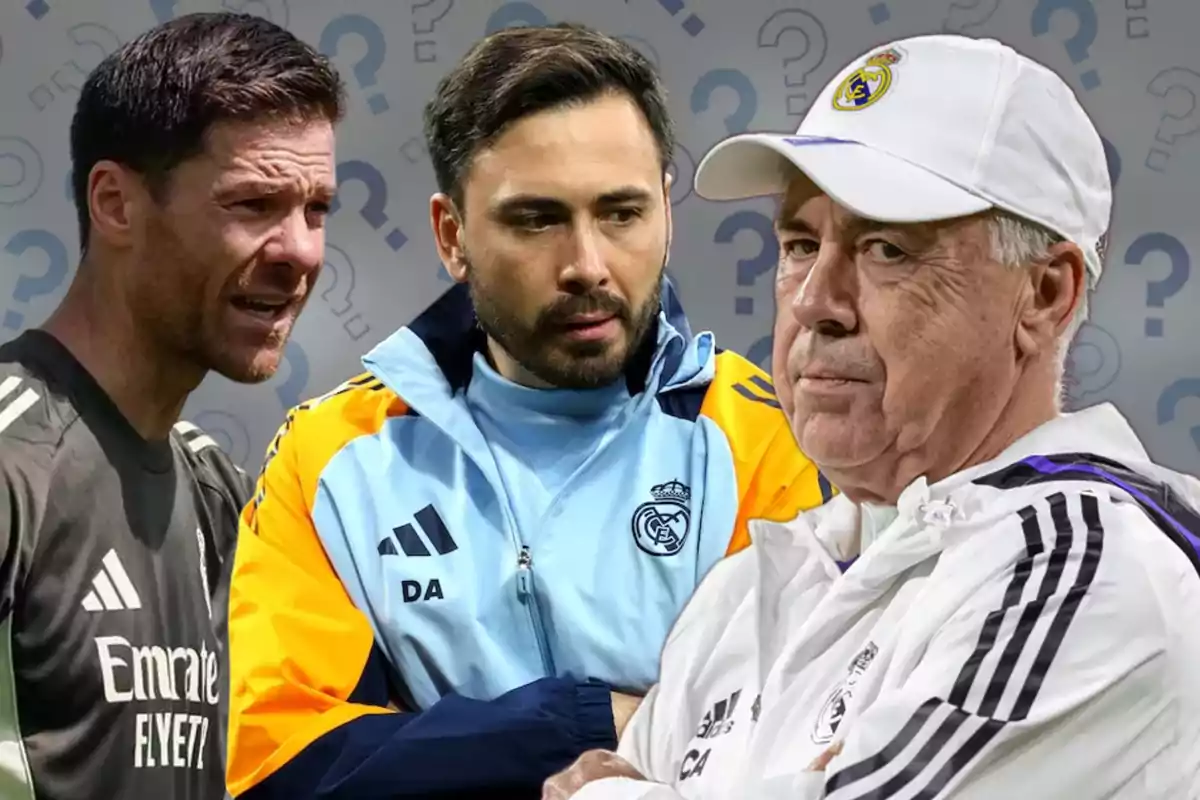 Tres entrenadores del Real Madrid con expresiones serias y fondo de signos de interrogación