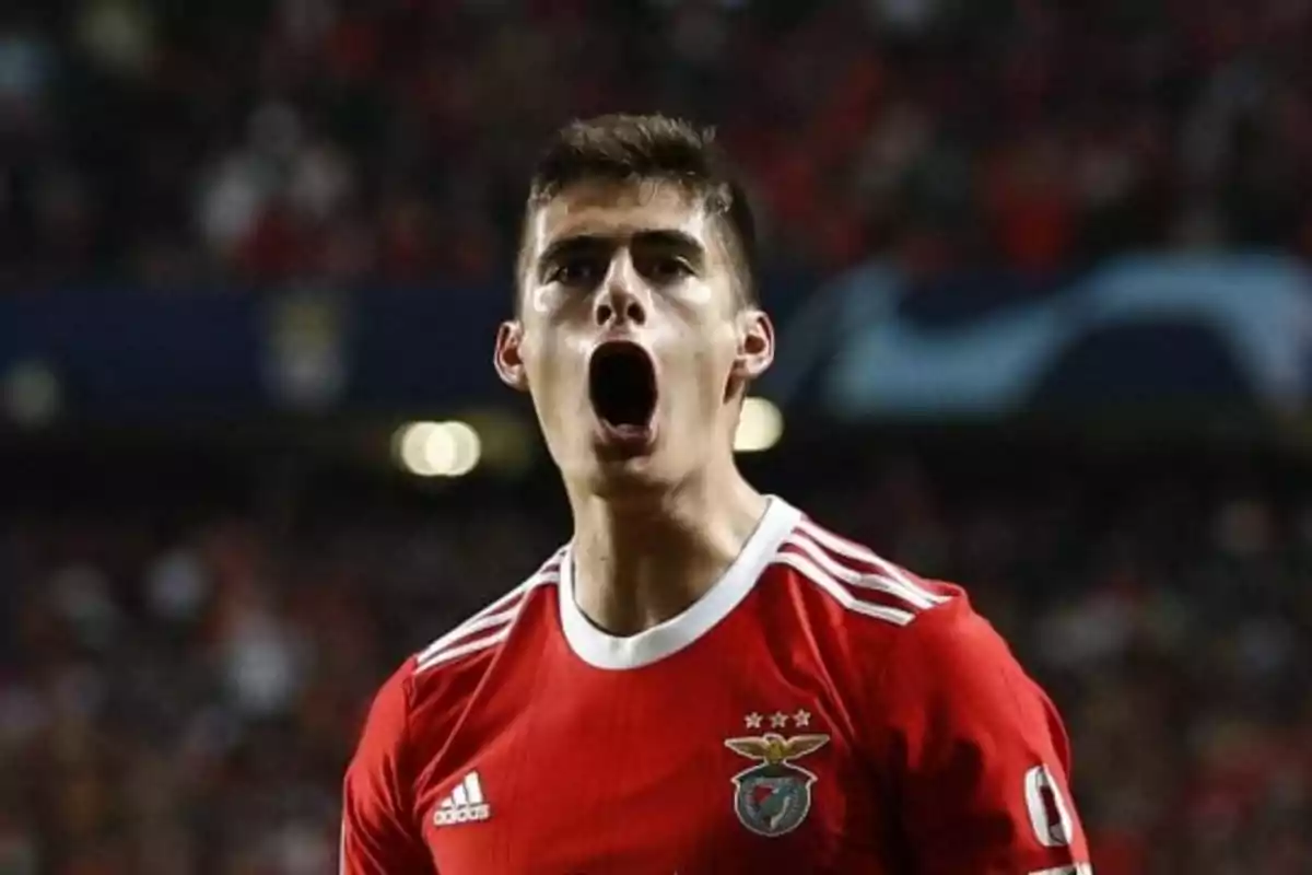 Soccer player in a red Benfica jersey celebrating enthusiastically in a packed stadium Soccer player in a red Benfica jersey celebrating enthusiastically in a packed stadium