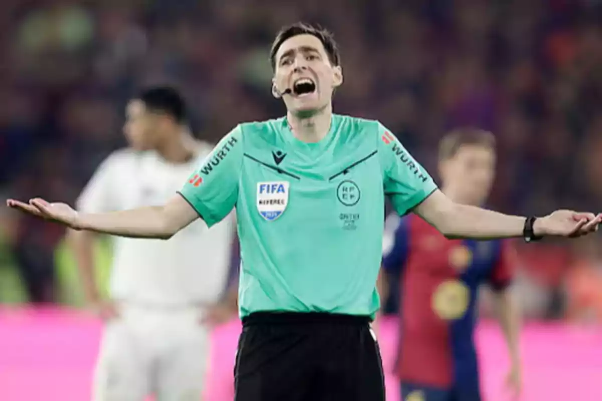 Soccer referee in a green uniform making a gesture of confusion or protest during a match Soccer referee in a green uniform making a gesture of confusion or protest during a match