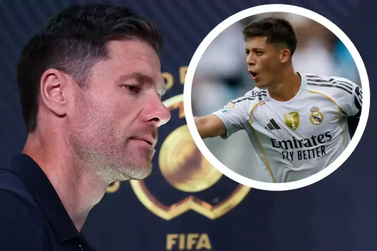Un hombre de perfil en primer plano con expresión seria y al fondo un círculo muestra a un joven futbolista con uniforme del Real Madrid celebrando o dando indicaciones en el campo.