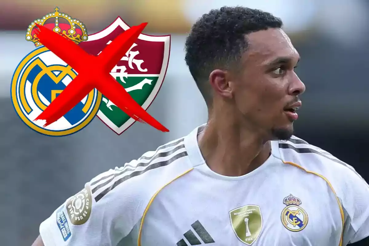 Real Madrid player with a big red X over the Real Madrid and Fluminense crests in the background