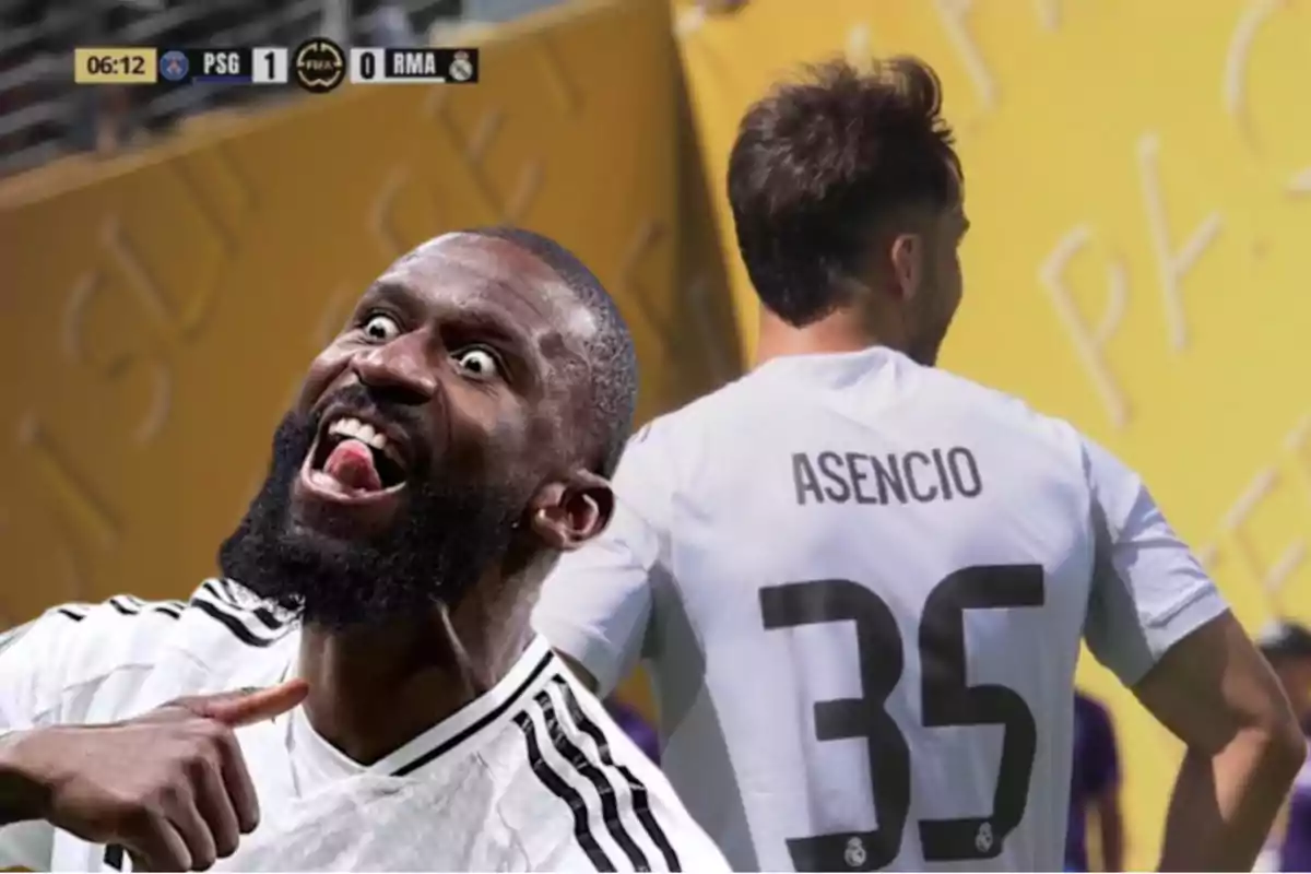 Un jugador de fútbol con expresión divertida y otro de espaldas con la camiseta que dice Asencio y el número 35 durante un partido entre PSG y Real Madrid.