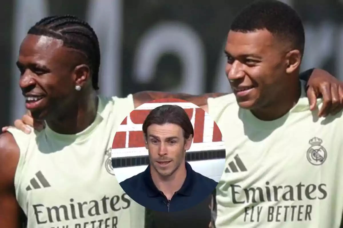 Two Real Madrid players smile and hug during a training session while the face of a man with a serious expression appears in the center of the image.