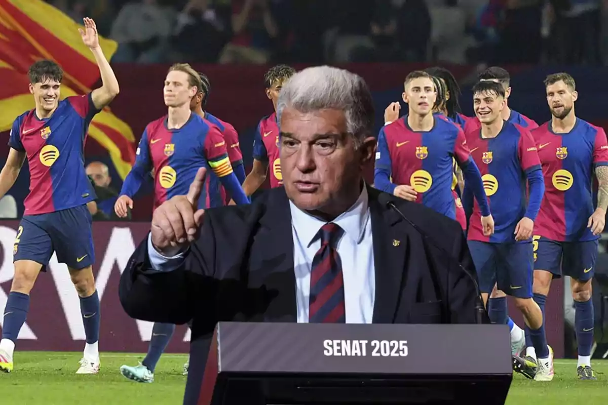 A man in a suit and tie speaks at a podium with the inscription SENAT 2025 while several FC Barcelona players can be seen celebrating on the field in the background.
