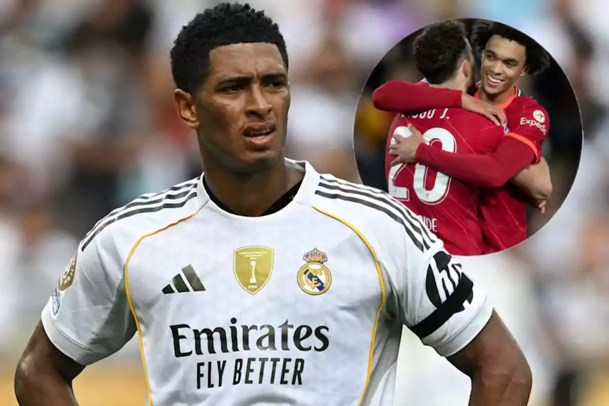 Real Madrid player with a serious expression in the foreground and, in the background, two Liverpool players hugging during a match
