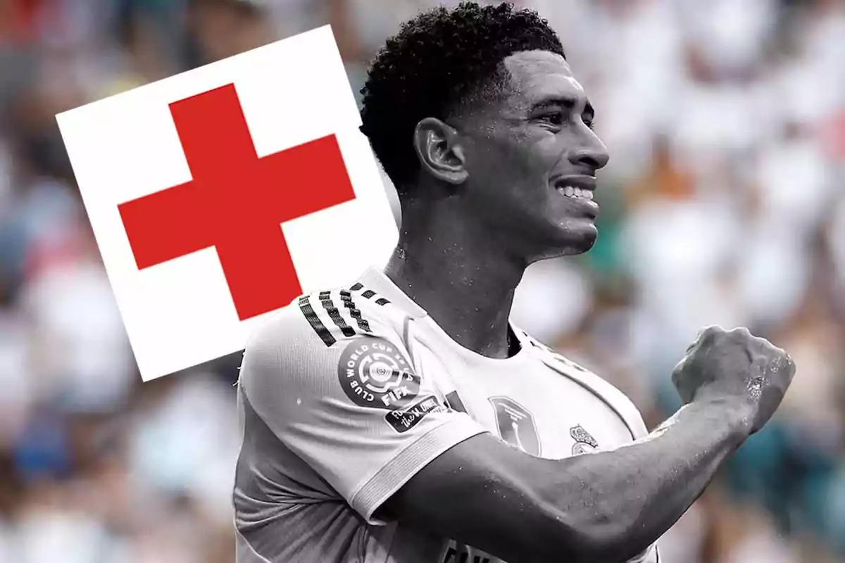 Futbolista del Real Madrid con gesto de dolor y una cruz roja grande al fondo indicando lesión