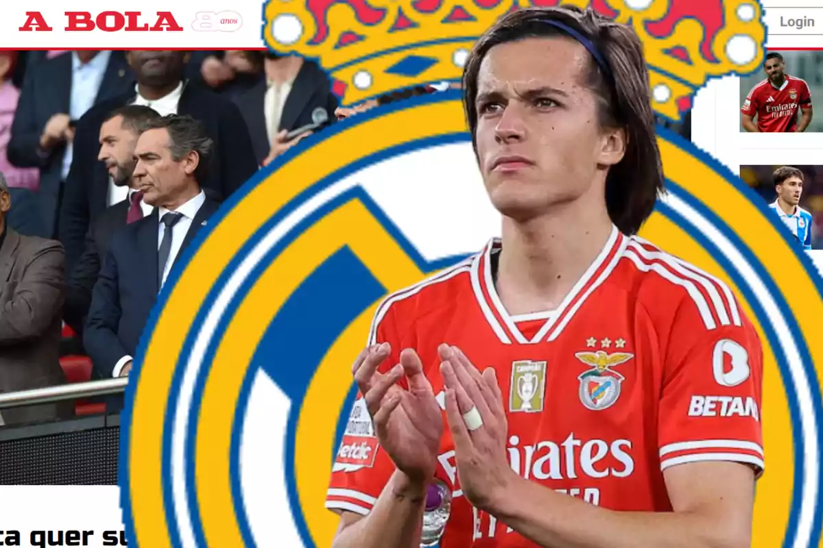 Benfica player applauding with the Real Madrid crest in the background and people in the stands behind.