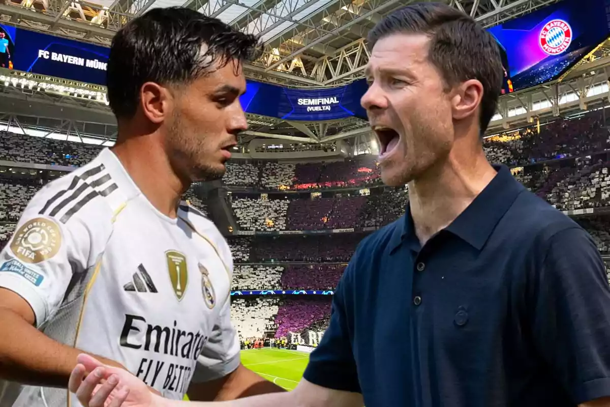A Real Madrid player and a coach argue in a packed stadium during a soccer semifinal.