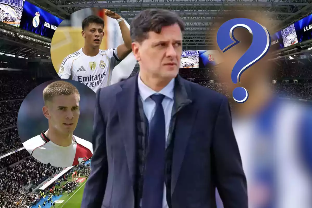 A man in a suit in the foreground inside a soccer stadium with two players in circles and a blurred figure with a question mark.
