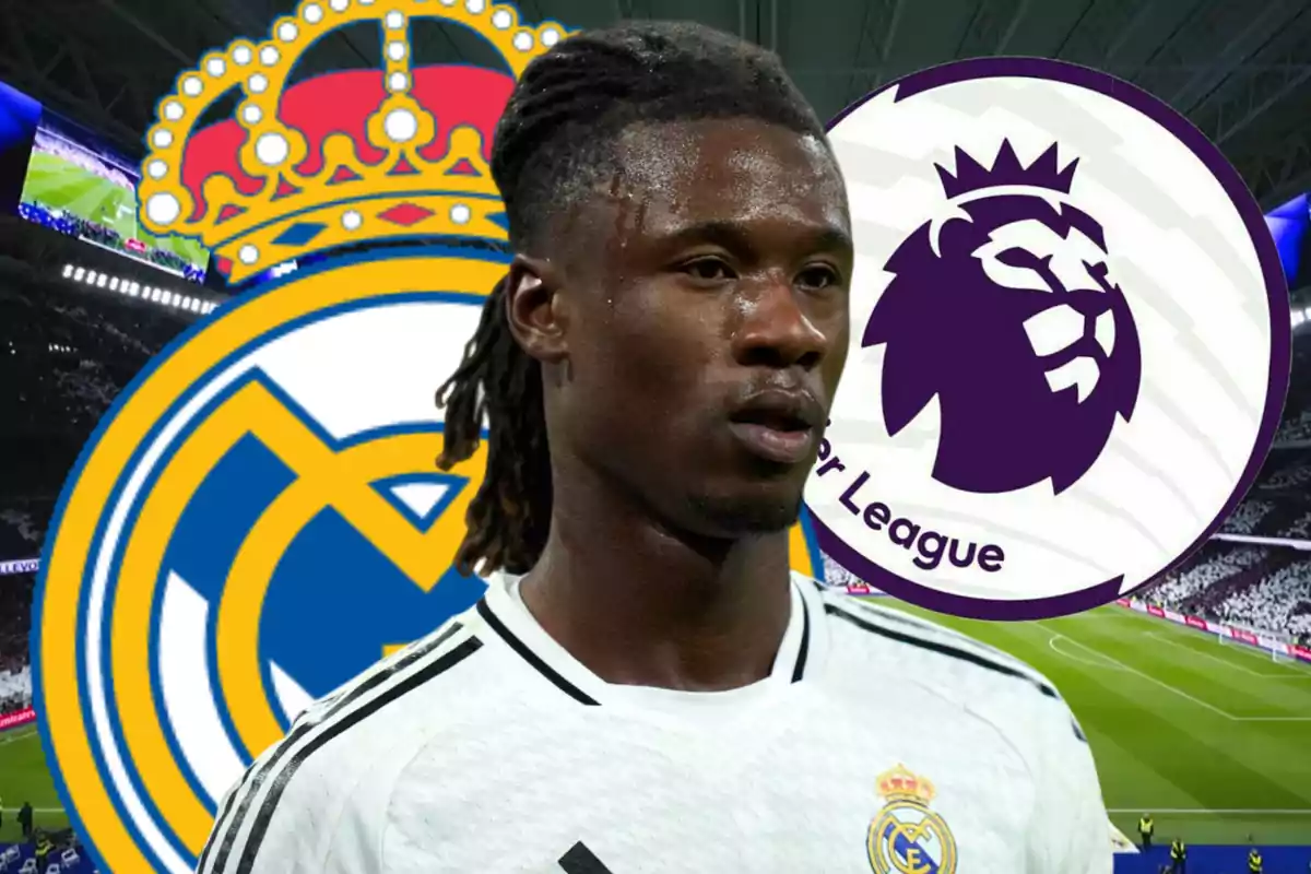 Real Madrid player with the club’s logo and the Premier League logo in the background at a stadium