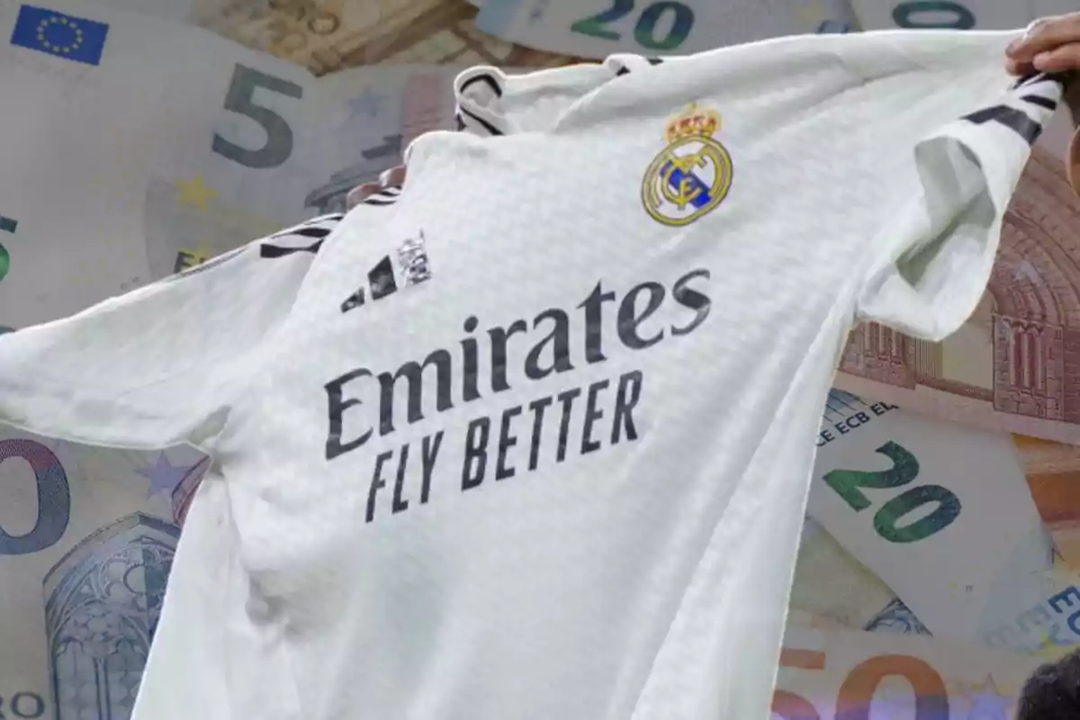 Real Madrid jersey held by a person with euro bills in the background