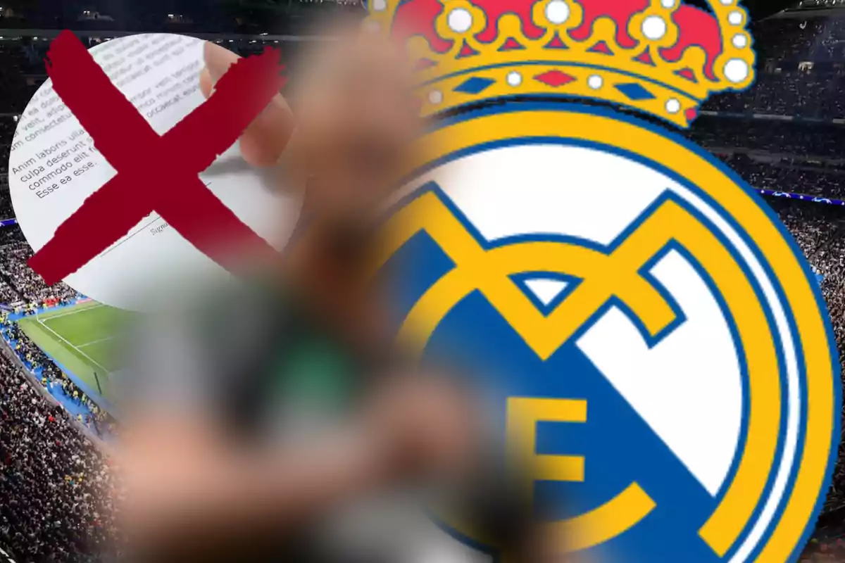 Real Madrid logo in a stadium with a blurry figure in the foreground and a contract crossed out with a red X