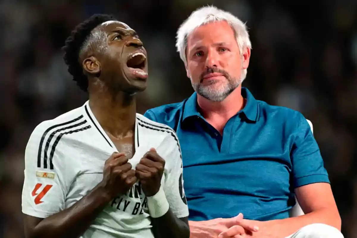 A player in a white uniform celebrates excitedly while a gray-haired, bearded man watches him from his seat with a serious expression.