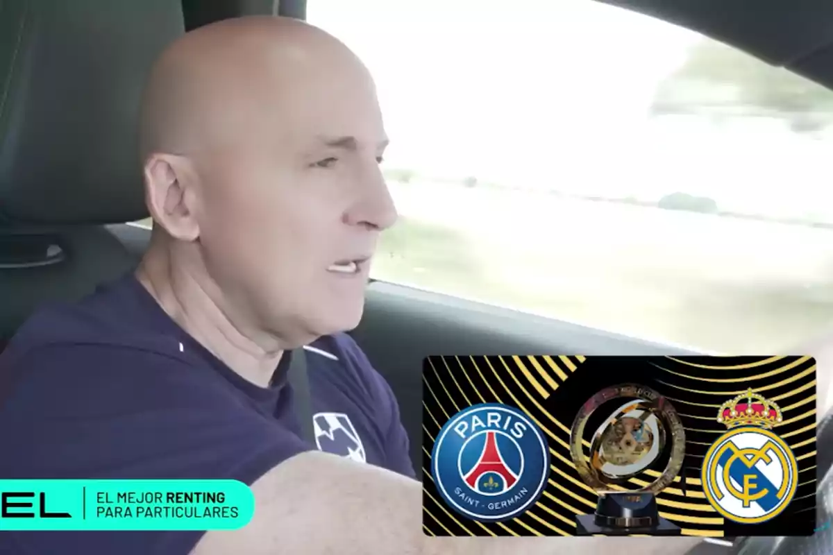 Bald man driving a car with a graphic in the corner showing the PSG and Real Madrid crests next to a trophy
