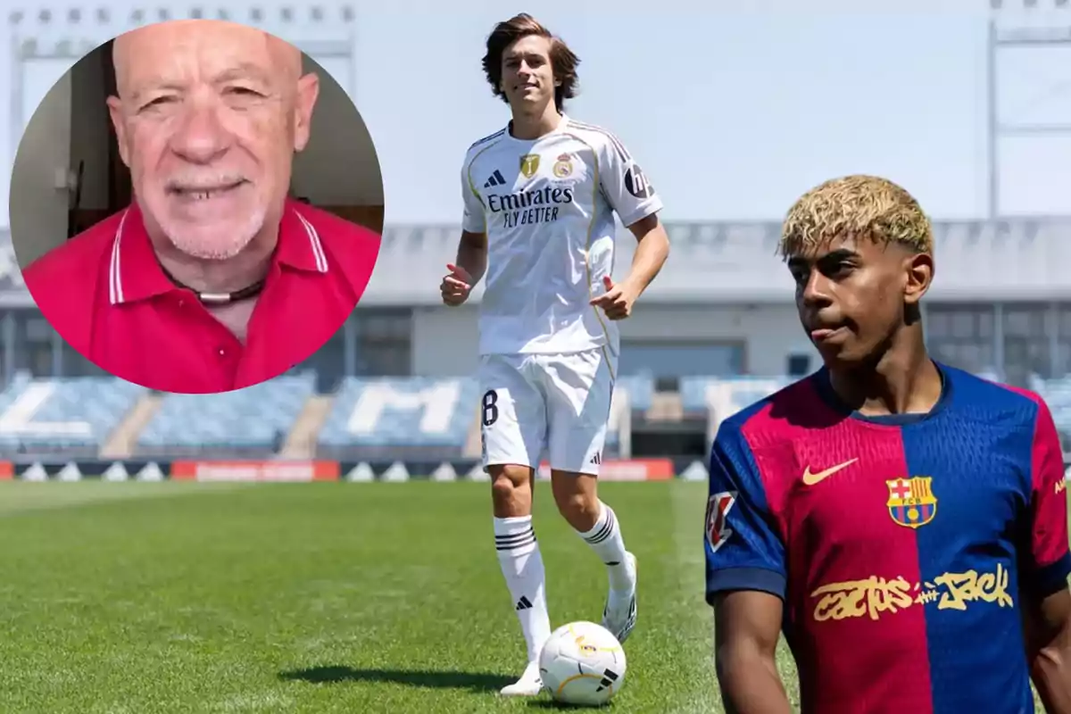 An older man in a red jersey appears in a circle over an image of two young players, one wearing Real Madrid’s white uniform and the other wearing Barcelona’s blue and red uniform, in a soccer stadium.