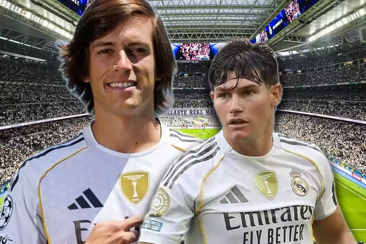 Two players in Real Madrid’s white uniform pose in a stadium full of fans.