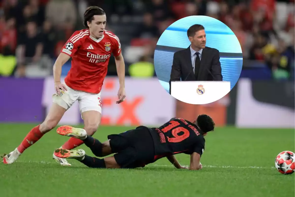 A Benfica player moves forward with the ball while an opponent falls to the ground, and at the top, a man in a suit appears speaking at a podium with the Real Madrid crest.