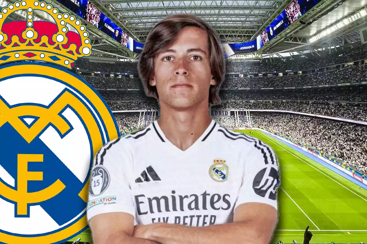 Jugador del Real Madrid con el estadio lleno de fondo y el escudo del club a la izquierda