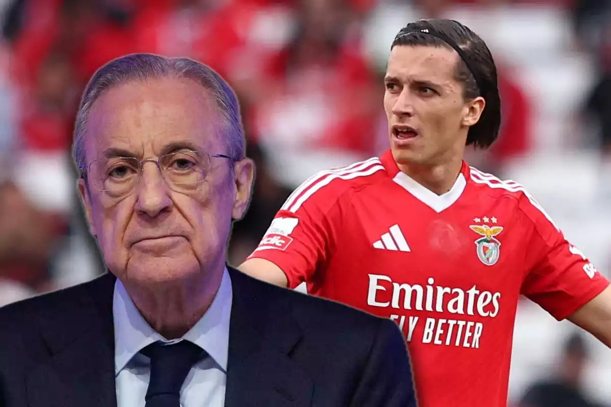 Un hombre de traje con expresión seria aparece junto a un futbolista con uniforme rojo del Benfica en un estadio.