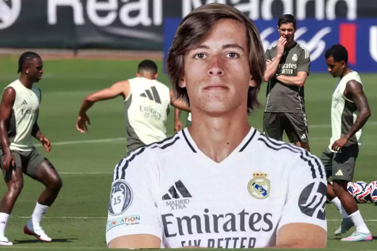 Real Madrid player in the foreground with teammates training on the field in the background