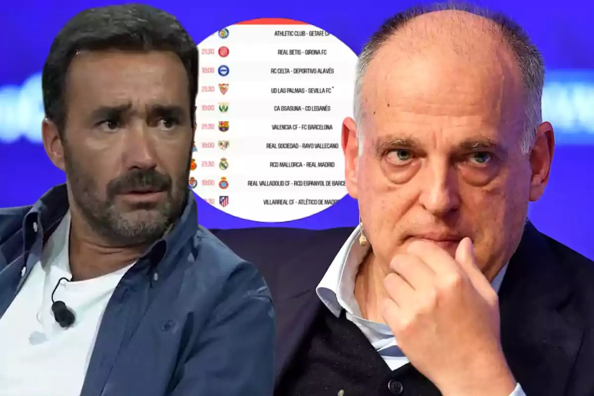 Dos hombres en primer plano con expresiones serias y al fondo una lista de partidos de fútbol en una pantalla.