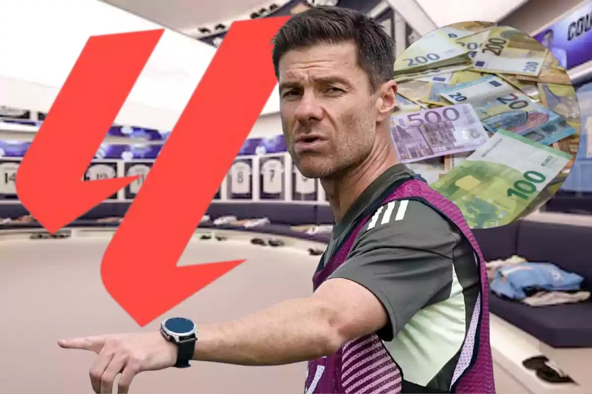 Entrenador de fútbol señalando con el dedo en un vestuario con billetes de euro y una flecha roja hacia abajo al fondo