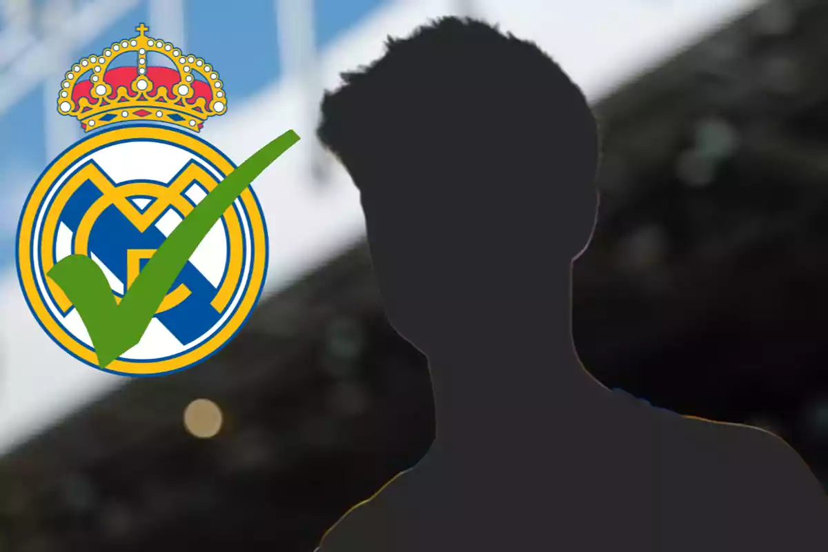 Silueta de una persona junto al escudo del Real Madrid con una marca de verificación verde