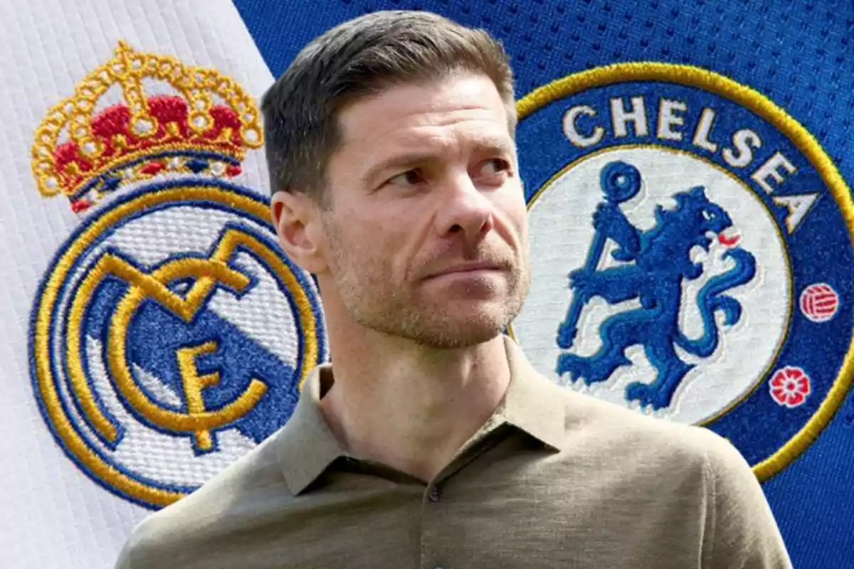 Hombre de cabello corto con fondo de los escudos de Real Madrid y Chelsea