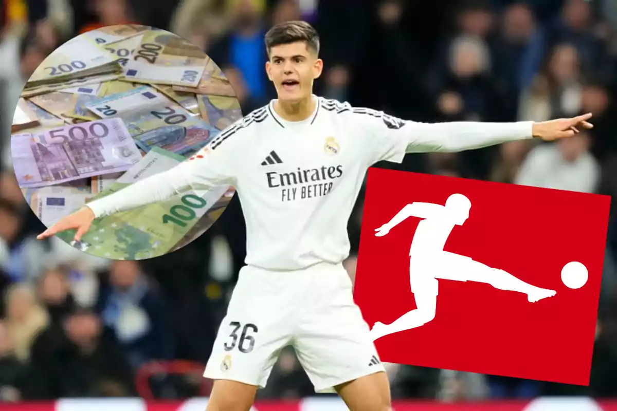 Real Madrid player with arms outstretched, a background of euro bills, and the Bundesliga logo superimposed
