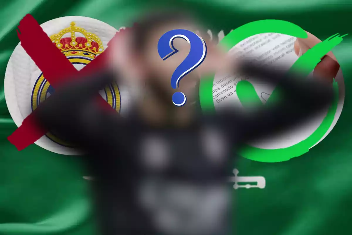 Blurred person with a question mark on their face, background with a shield crossed out in red and a green approval circle over a green flag