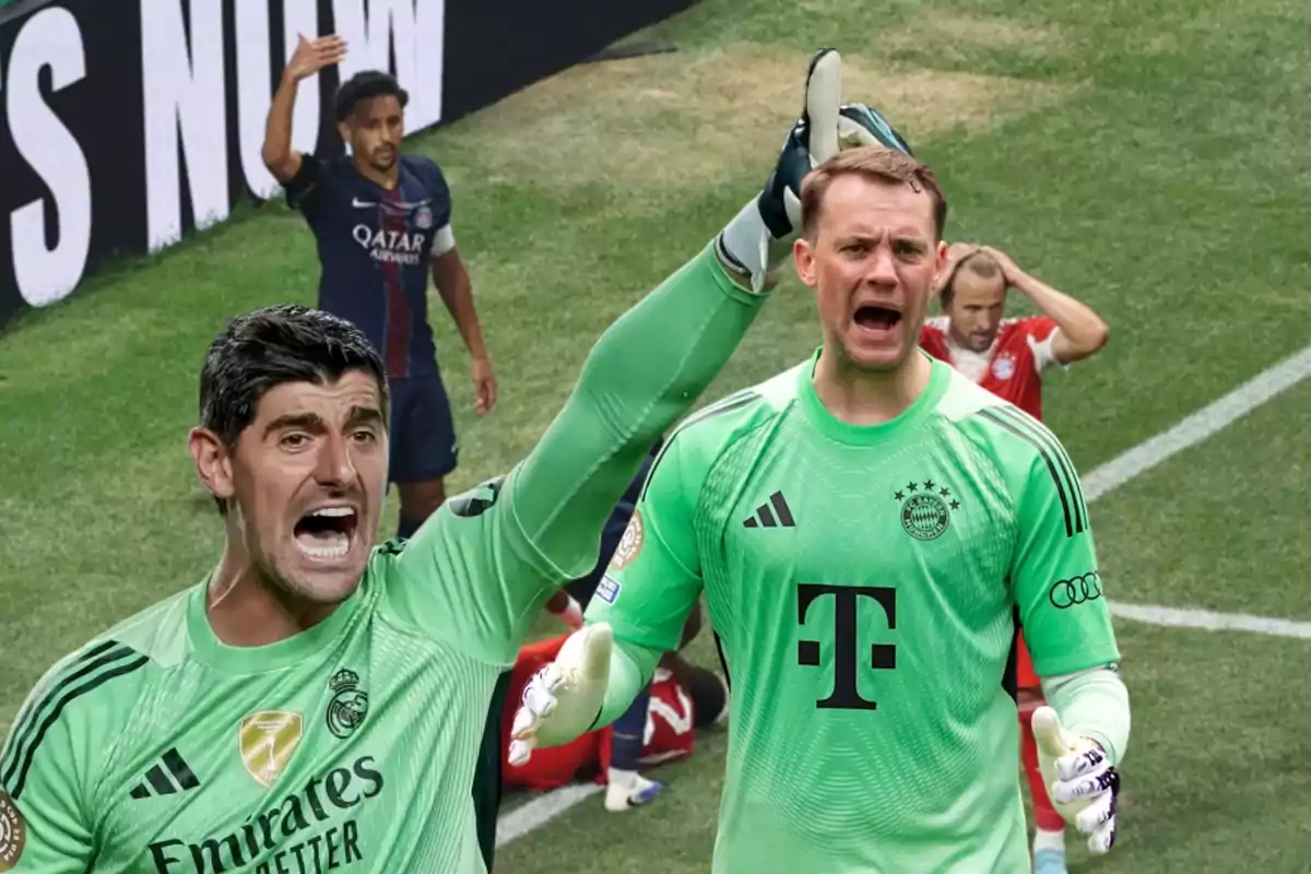 Dos porteros de fútbol con uniforme verde aparecen en primer plano gritando y levantando los brazos mientras al fondo se ven jugadores de otros equipos mostrando gestos de frustración en el campo de juego