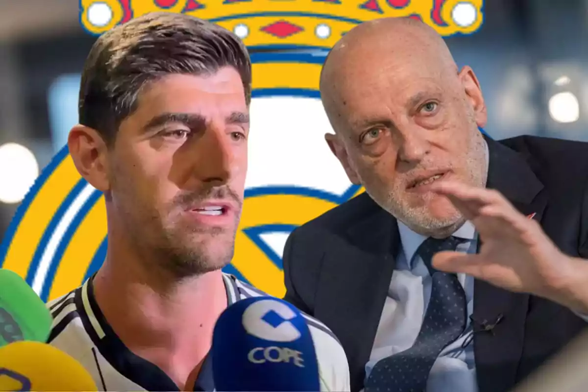 Two men in the foreground with the Real Madrid crest in the background and several microphones in front of one of them