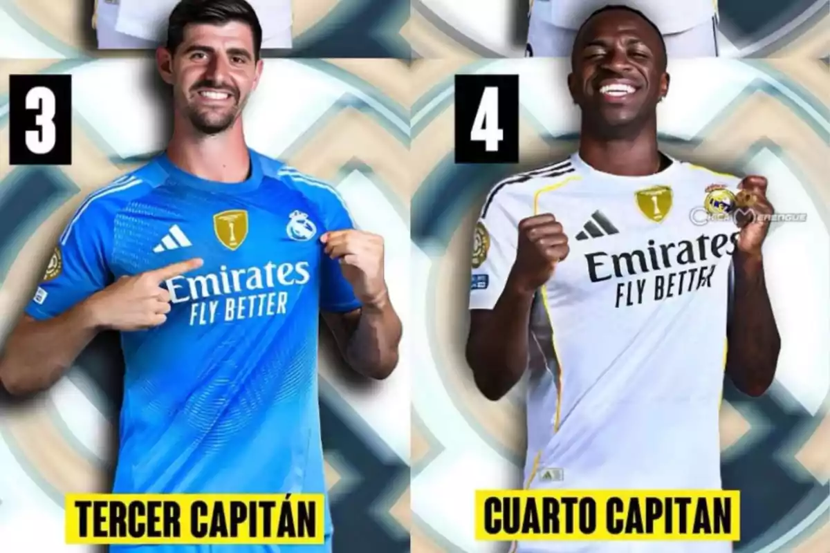 Two Real Madrid players smile and pose in their uniforms, one wearing a blue jersey identified as the third captain and the other wearing a white jersey identified as the fourth captain.