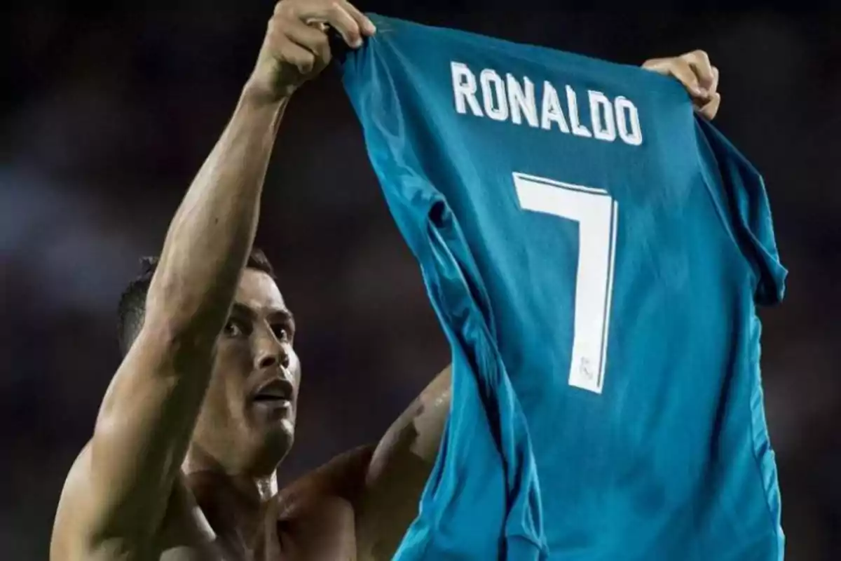 Soccer player raising a blue jersey with the name Ronaldo and the number 7 in a stadium Soccer player raising a blue jersey with the name Ronaldo and the number 7 in a stadium