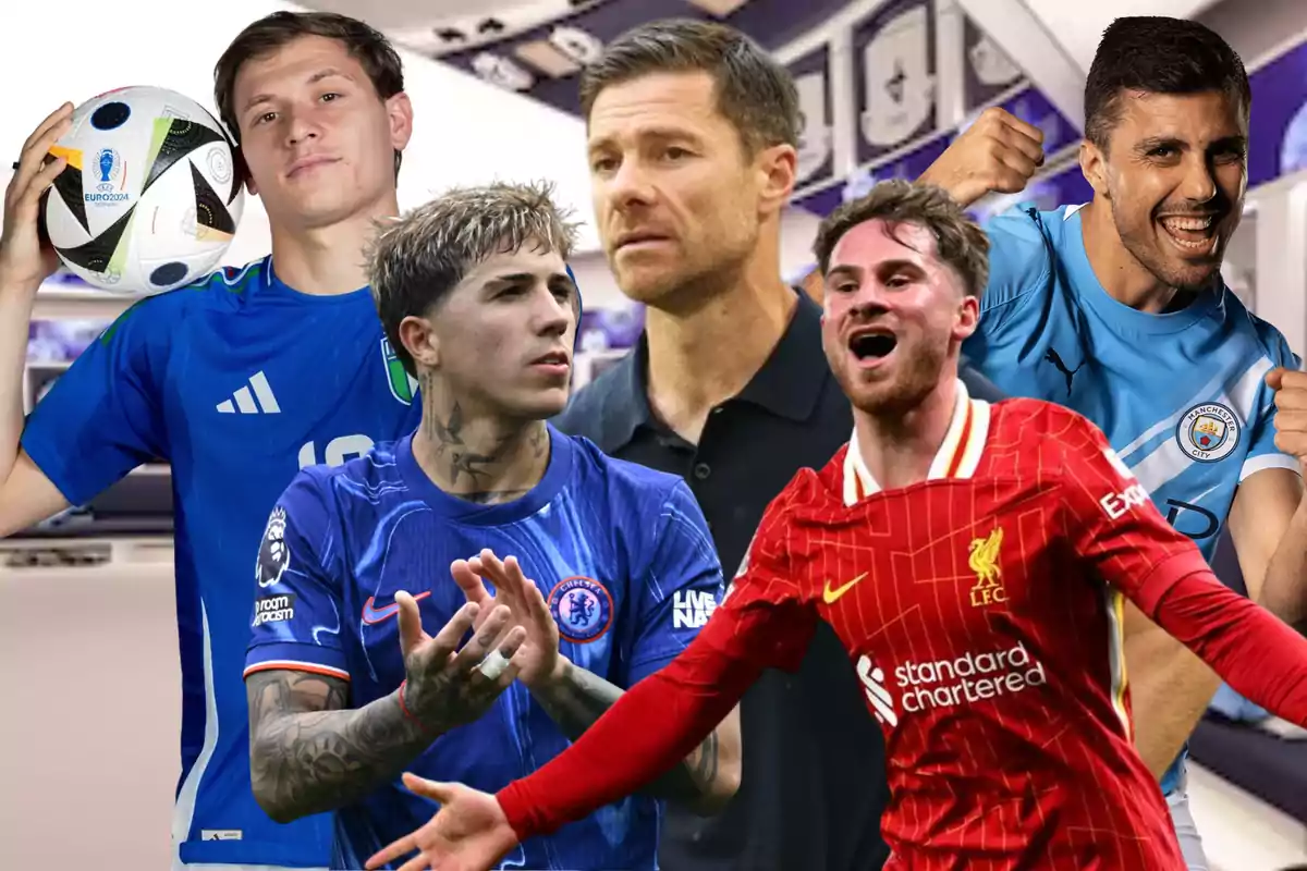 Five players and a coach pose in uniforms from different teams and national squads in a digital montage with a stadium background.
