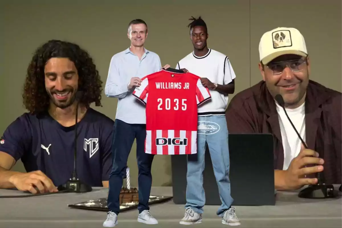 Four people appear in the image: two of them are sitting in front of microphones and smiling, while the other two are standing in the center holding a red soccer jersey with the name Williams Jr and the number 2035.