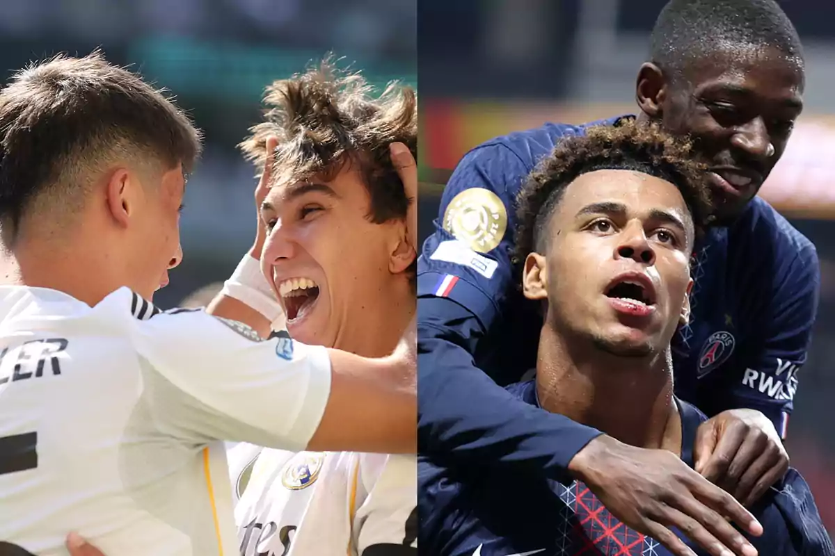 Two pairs of players celebrate a goal, one from Real Madrid and the other from PSG, showing joy and teamwork on the field.