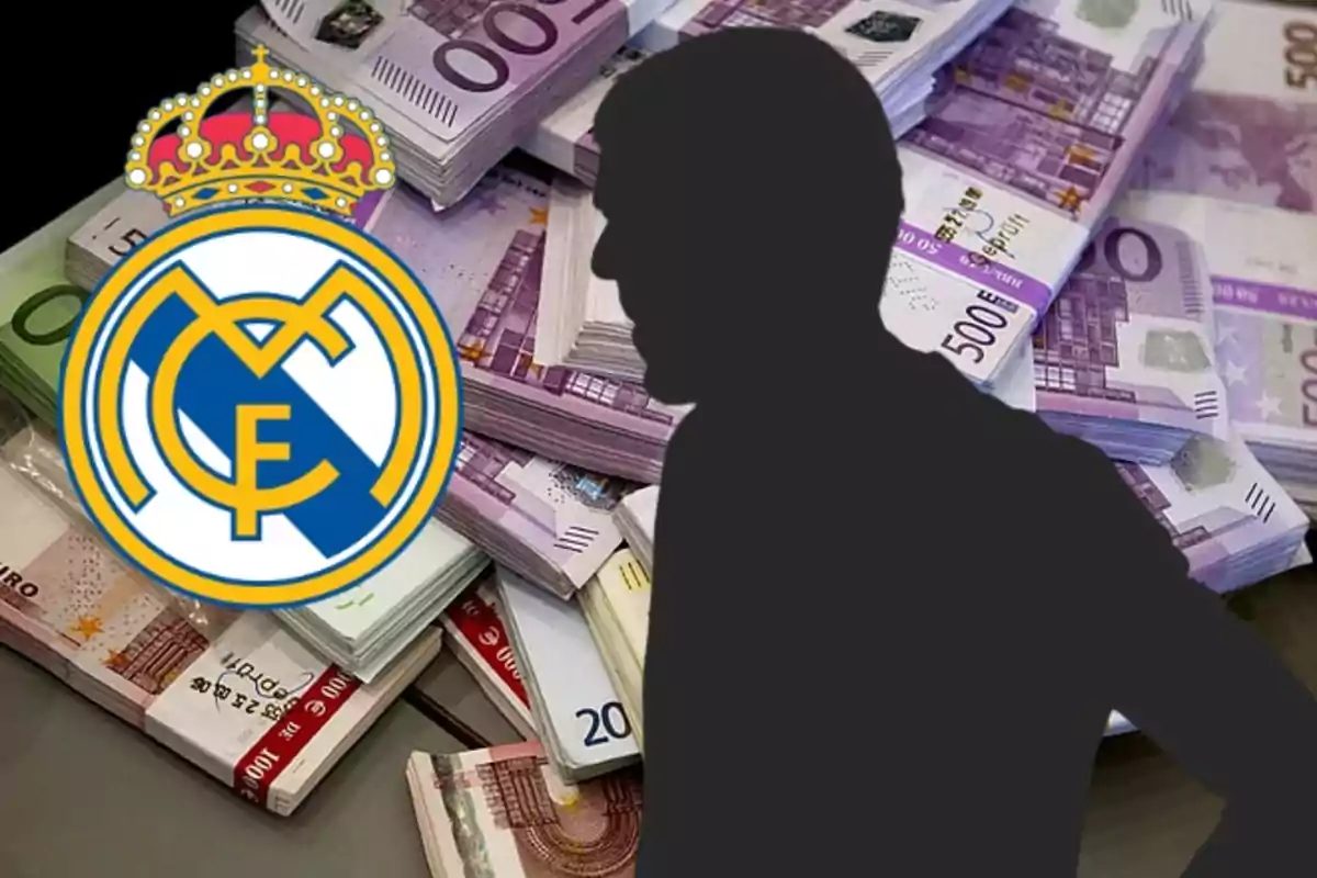 Silueta de una persona frente a fajos de billetes de euro con el escudo del Real Madrid en primer plano