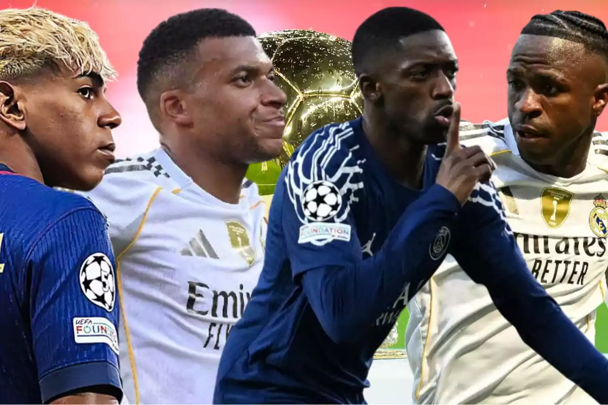 Cuatro futbolistas con uniformes de PSG y Real Madrid posan frente a un balón dorado de fondo