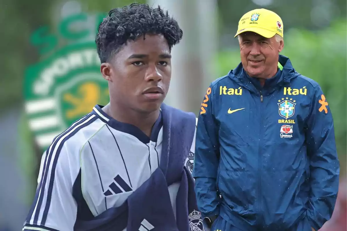 A young player in training gear and a coach wearing Brazil national team clothing appear together in an outdoor sports setting.
