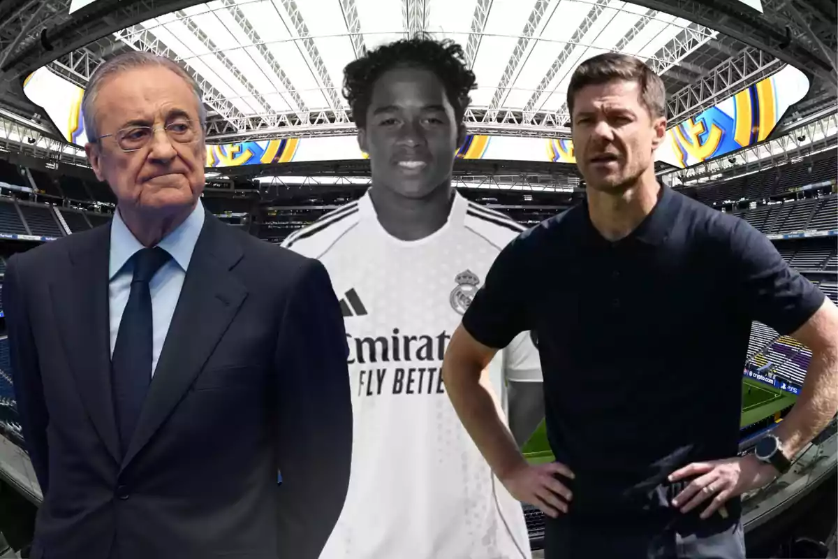 Three people at Santiago Bernabéu Stadium with the Real Madrid crest in the background