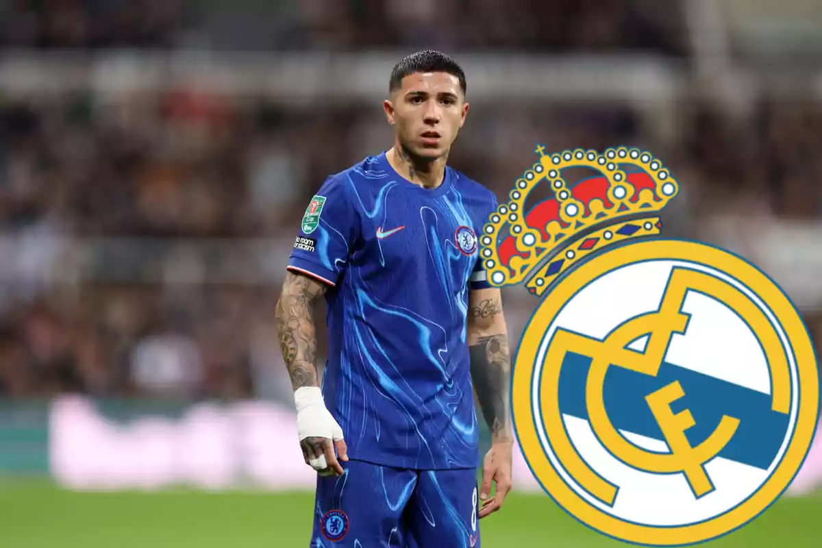 Soccer player in a blue Chelsea uniform on the field and a large Real Madrid crest in the foreground