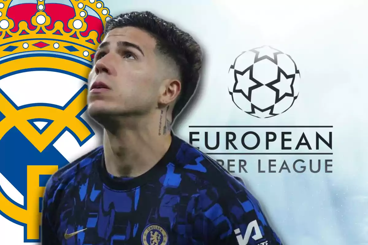 Soccer player wearing a Chelsea jersey in front of a Real Madrid crest and the European Super League logo