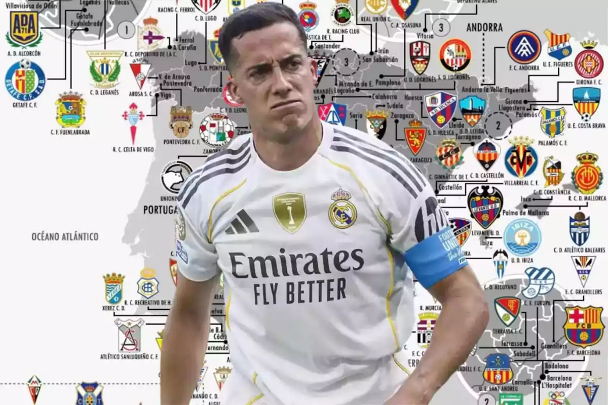 Real Madrid player with a serious expression in front of a map of Spain filled with football team crests
