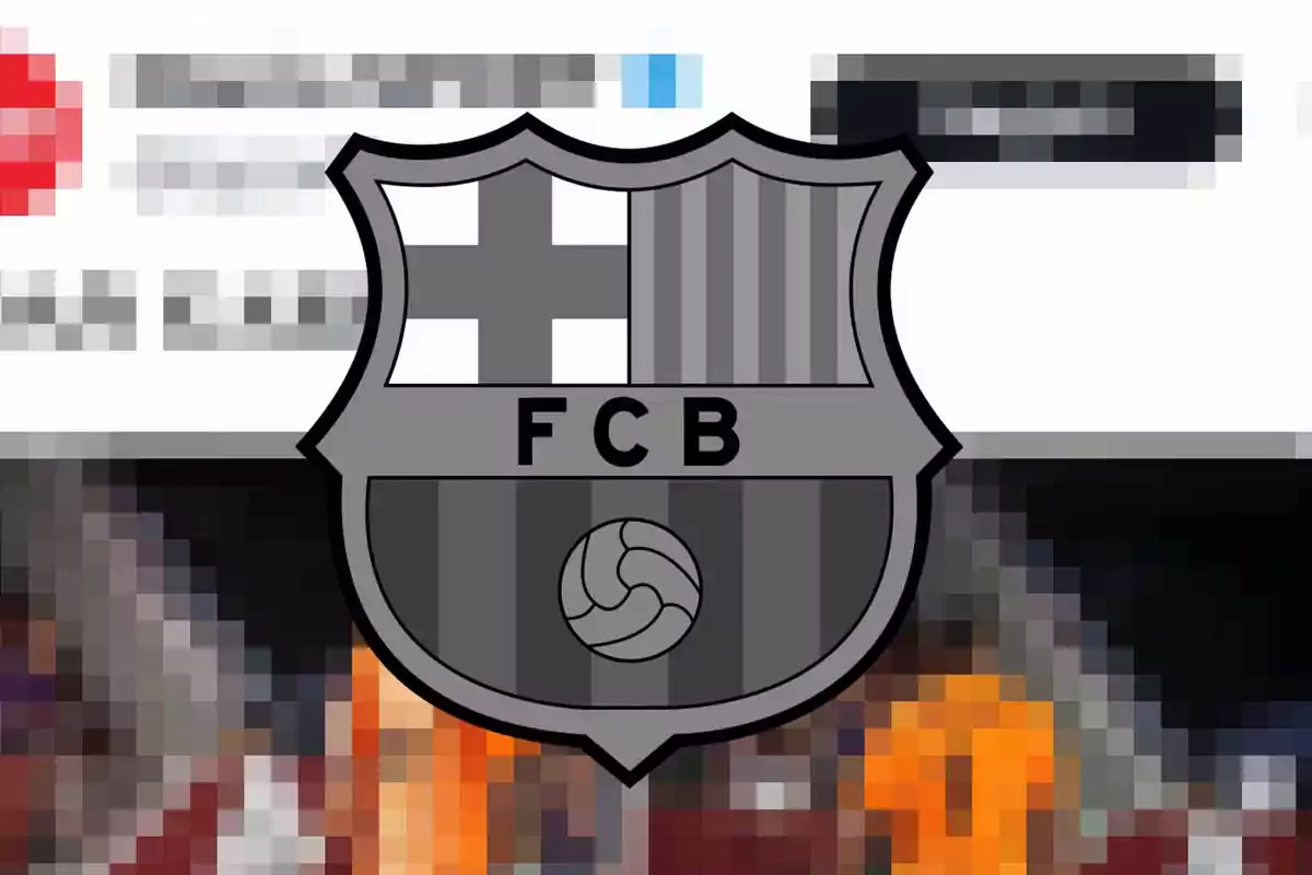 Escudo en blanco y negro del FC Barcelona sobre un fondo pixelado