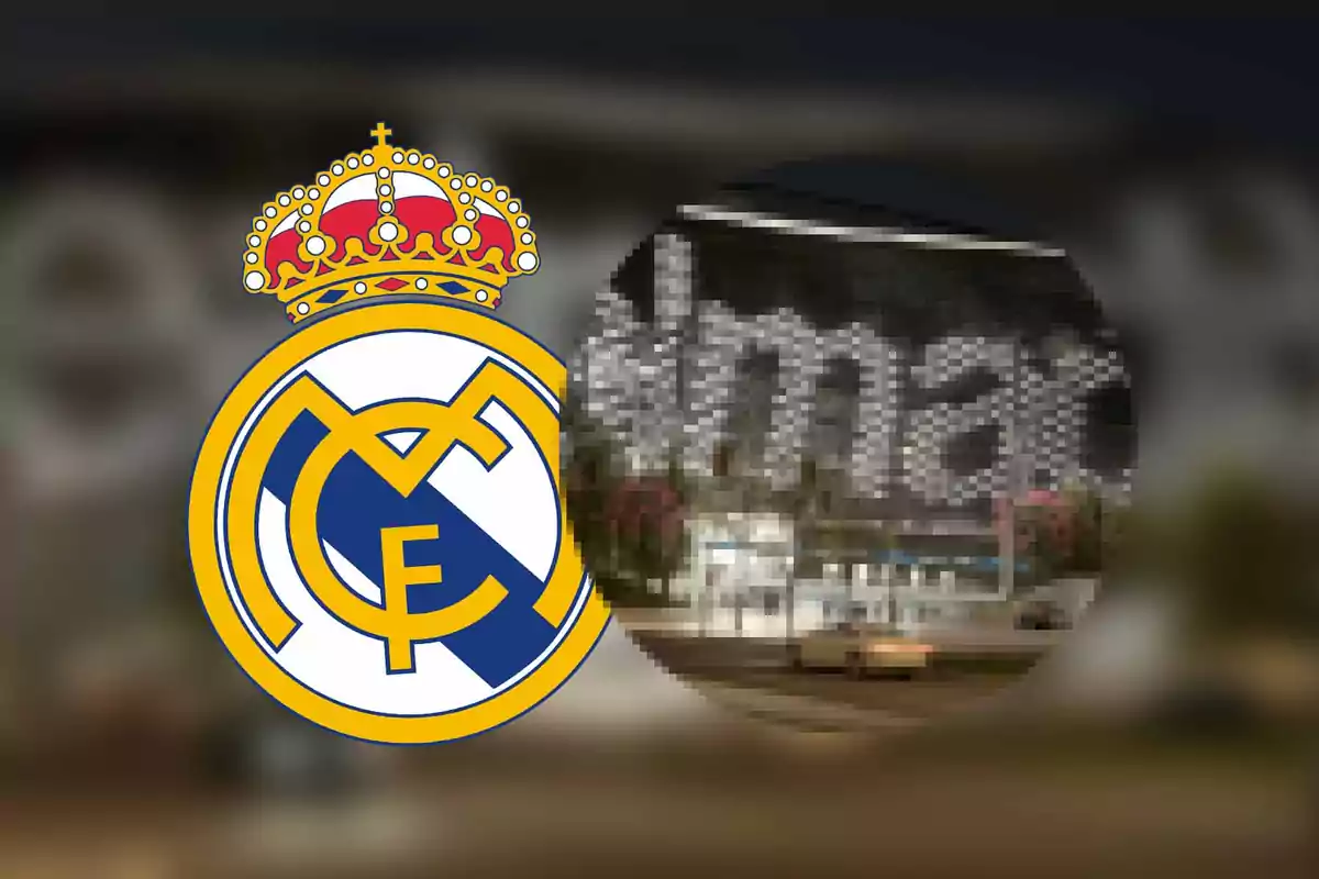 Escudo del Real Madrid sobre un fondo borroso de un estadio iluminado