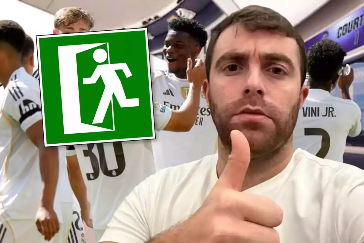 A man with his thumb up in the foreground and Real Madrid players in the background next to an emergency exit sign