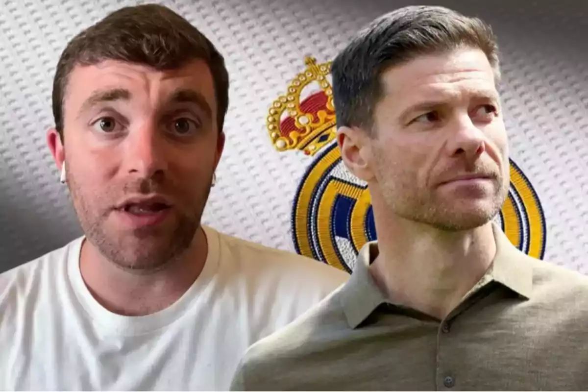 Two men in the foreground with the Real Madrid crest in the background