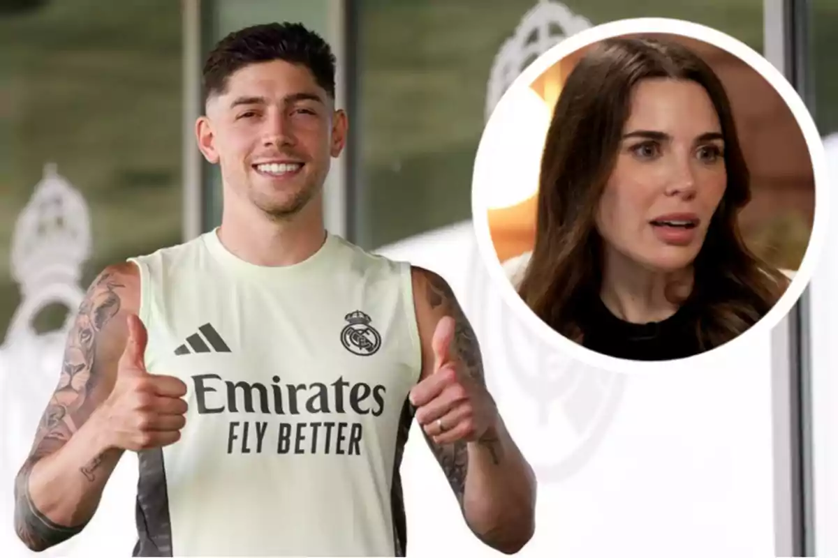 A man wearing a Real Madrid training jersey smiles and gives two thumbs up, while in the top right corner, the face of a woman with a serious expression appears inside a white circle.